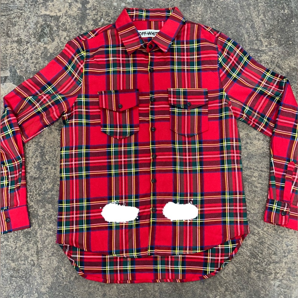 Off-White Red Tartan Plaid Button-Down Shirt with White Graphic Back - Picture 3 of 15